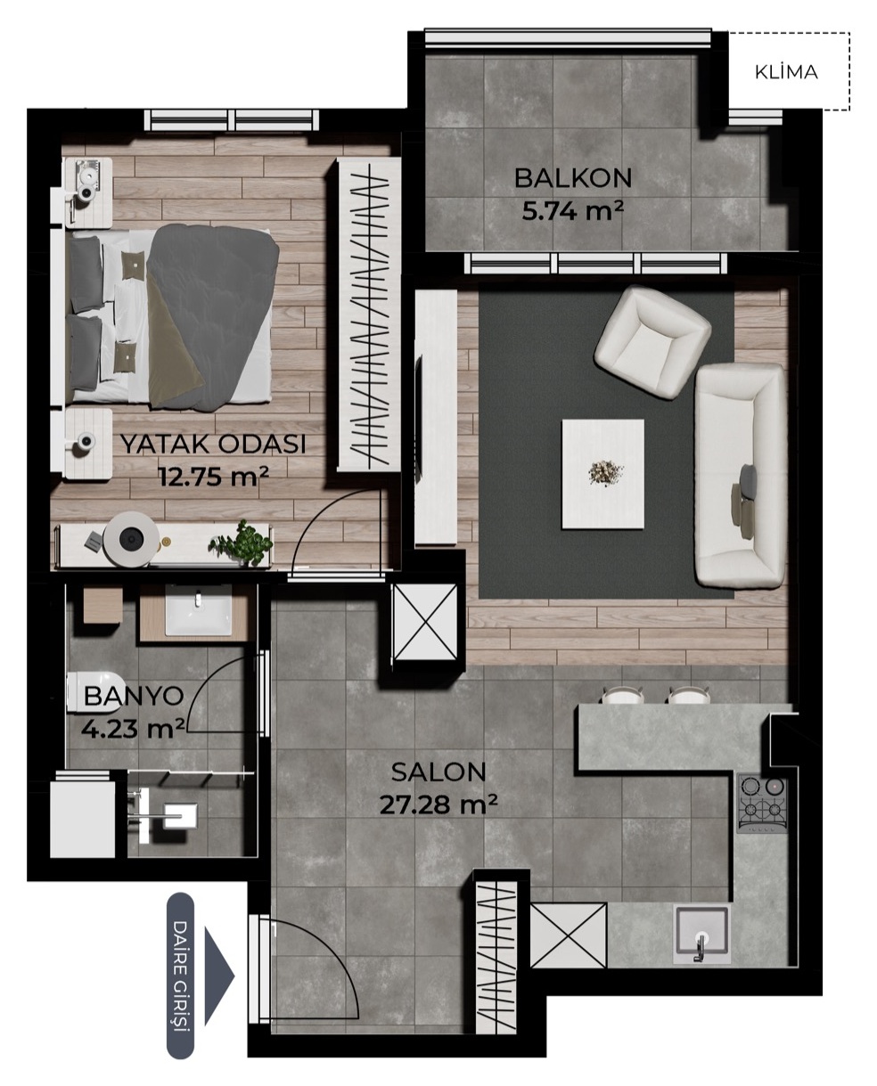1+1 tip 1 A-B blok daire planı